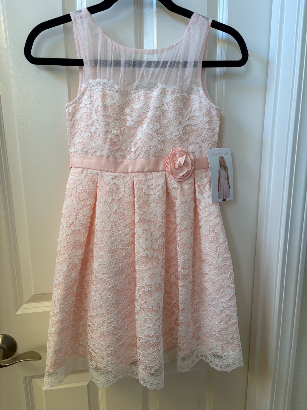 Jona Michelle Light Pink Lace Flower-Belt Party Dress 4002